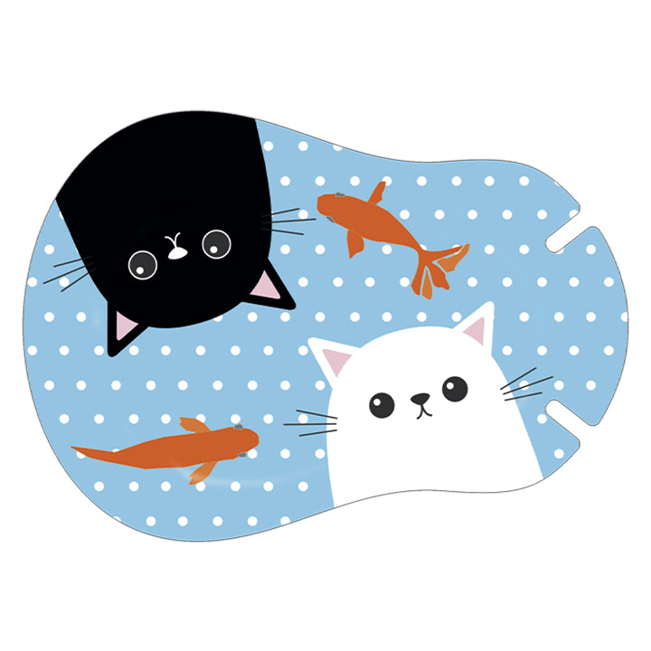 Eye patch with black and white cat illustrations and goldfish on a blue background